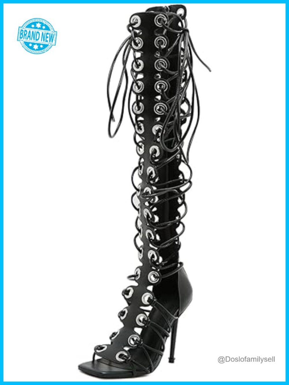 Faux Leather Peep Toe Gladiator Sandals Lace Up Over The Knee Bootie Heels